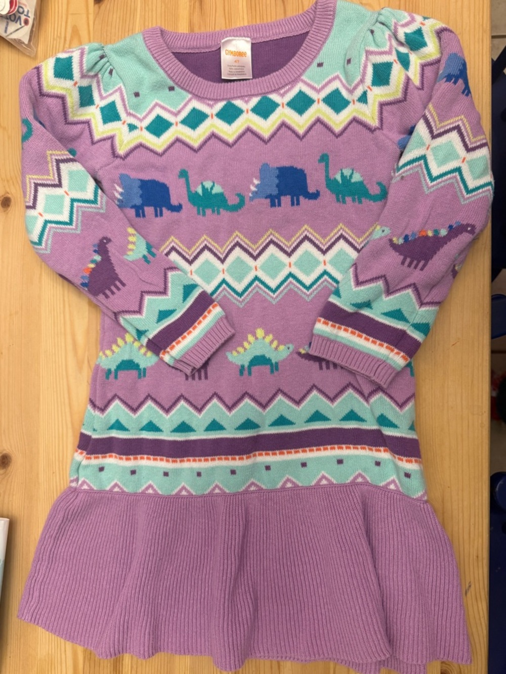 Gymboree 4T cotton dinosaur intarsia fair isle sweater dress EUC